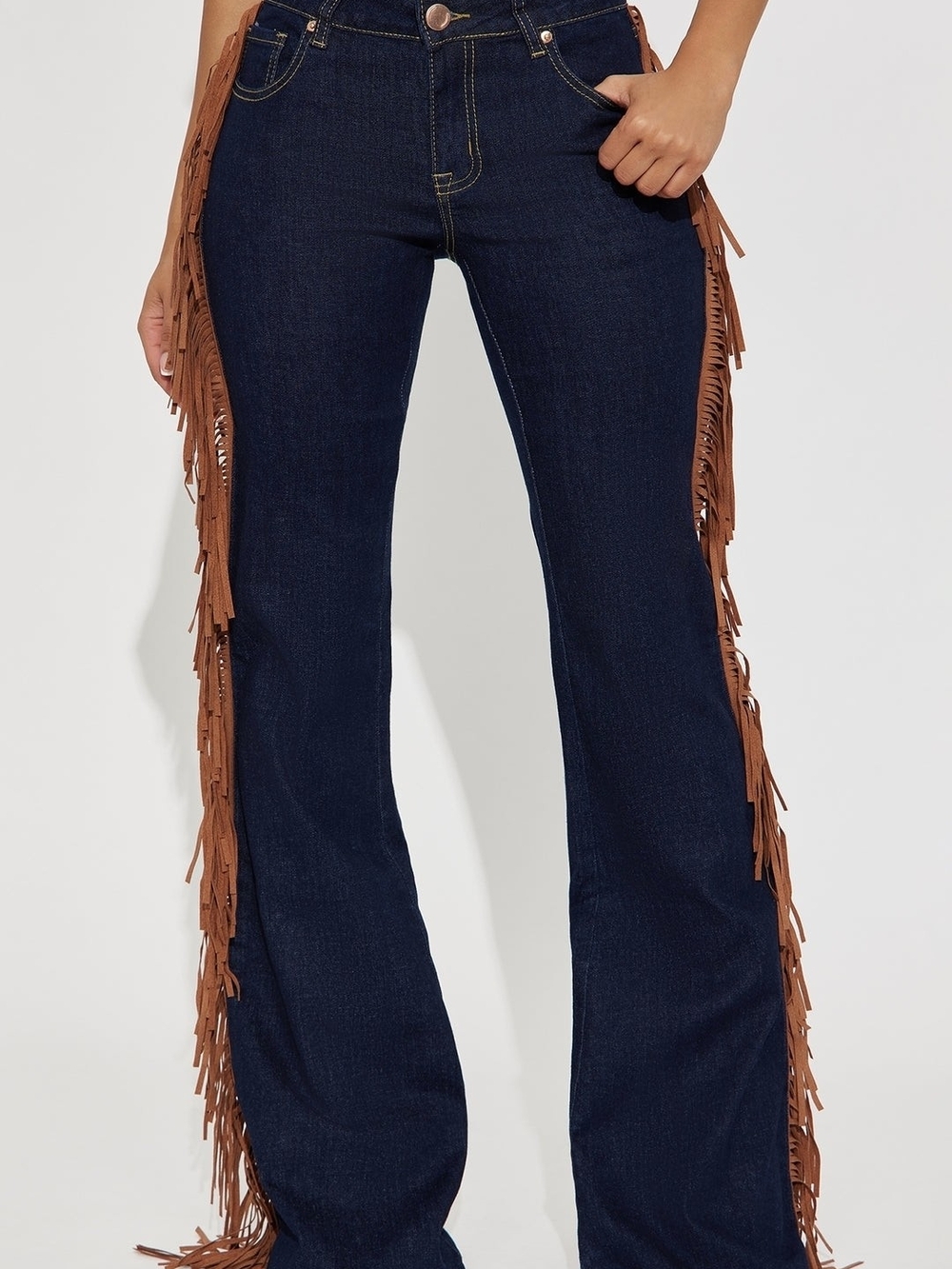 Women's Dark Blue Denim Jeans with Brown Fringe Trim Sz 9